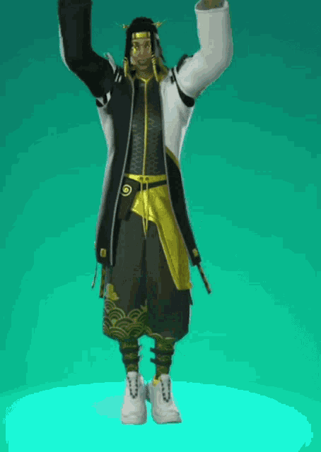 a man in a black and gold outfit is dancing