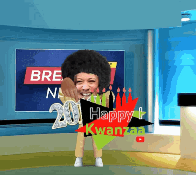 a woman with an afro stands in front of a sign that says ' happy kwanzaa '