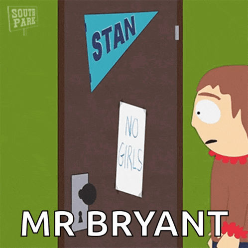 a cartoon of a man standing in front of a door that says mr bryant on it