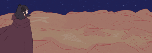 a drawing of a woman in a cape standing on top of a hill