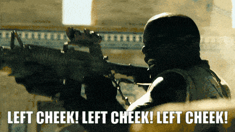 a man holding a gun with the words left cheek on the bottom right