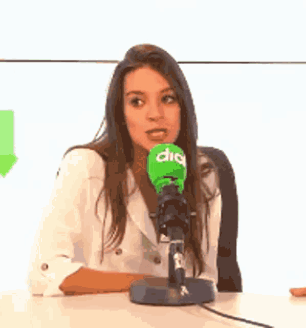a woman is sitting in front of a microphone that says dia on it .