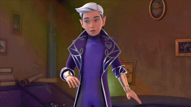 a cartoon character in a purple coat holds a pink object in his hand
