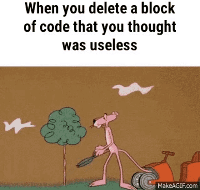 a pink panther is cutting a tree with scissors and a can of soda .