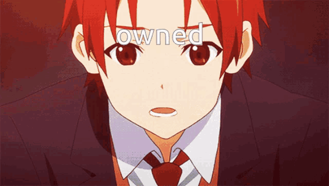 a red haired anime character with the word owned on his face