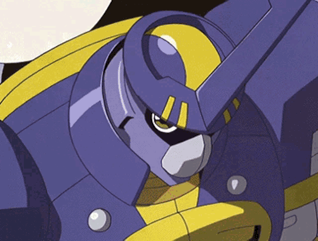 a close up of a purple and yellow cartoon robot