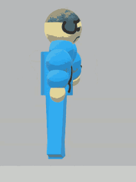 a stick figure wearing a blue jacket and pants holds a microphone