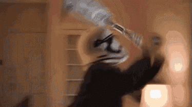 a blurry picture of a person holding a bottle in their hand in a room .