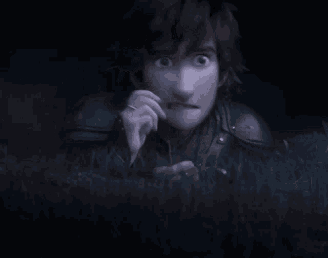 hiccup from how to train your dragon is hiding in the grass with his hand on his face