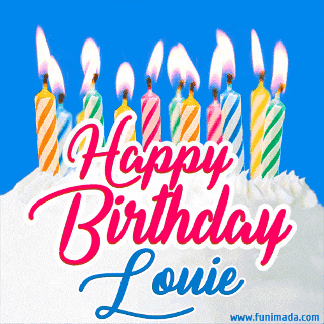 a happy birthday louie greeting card with candles on a cake