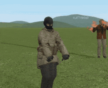 a man in a gas mask giving a thumbs up in a video game with the name flattywood on the bottom