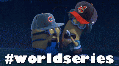 a minion wearing a hat with the letter c on it stands next to another minion wearing a hat with an indians logo