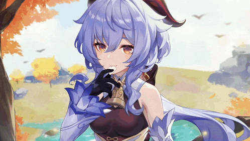 a girl with blue hair is eating a piece of food