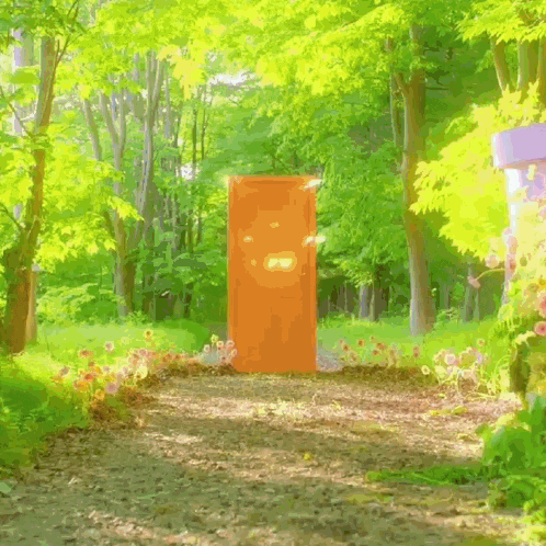 a painting of an orange door in a forest