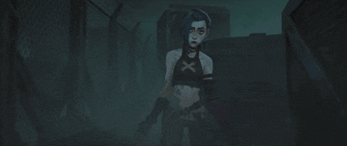 a cartoon character with blue hair and a cross on her chest