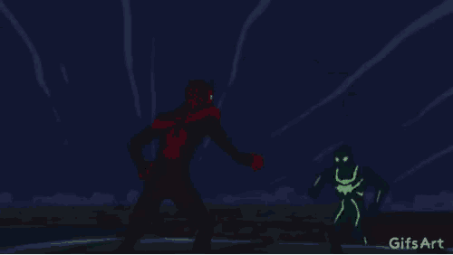 a cartoon of a man in a red suit standing in front of a green glowing figure .