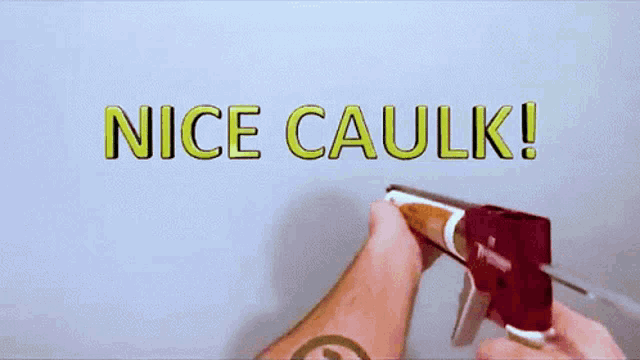 a person is holding a gun with the words nice caulk written on the wall behind them