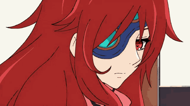 a close up of a red haired anime character with a blue eye patch