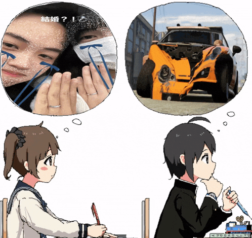 a cartoon of a girl sitting at a desk and a boy thinking