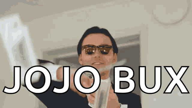 a man in a suit and tie is holding a bunch of money with the words jojo bux above him