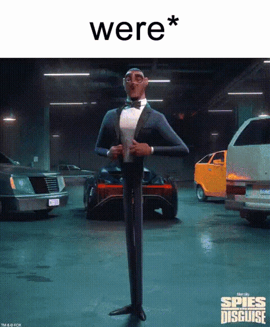 a cartoon character from spies in disguise is standing in a garage