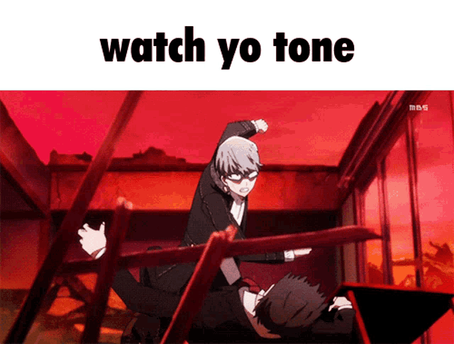 a cartoon of two men fighting with the words watch yo tone below them