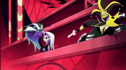 two cartoon characters are standing next to each other on a red background
