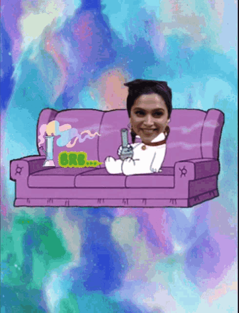 a cartoon of a woman sitting on a purple couch with a bong and the word bro