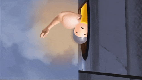a cartoon character peeking out of a hole in the wall