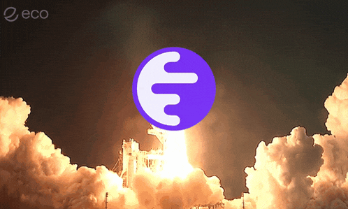 a purple and white circle with the letter e on it is being launched into space