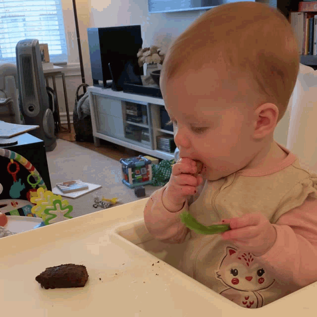 a baby in a high chair eating a piece of food