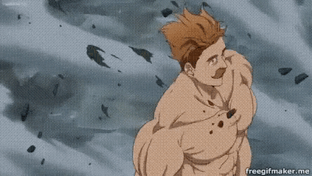 a shirtless man with a mustache is standing in a storm .