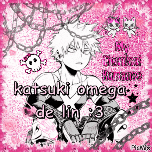 katsuki omega from my hero academia is wearing a crown and chains on a pink background .