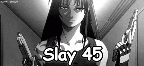 a black and white drawing of a woman holding two guns with the words slay 45 written above her