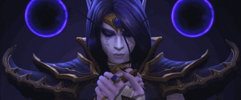 a woman with purple hair is surrounded by purple circles in a dark room