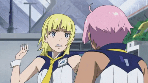 a couple of anime characters are standing next to each other and talking to each other .