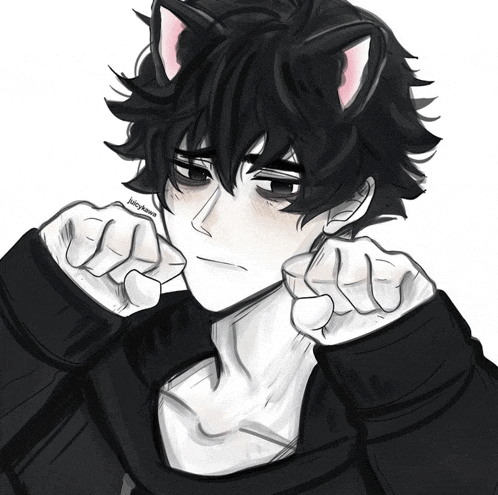 a black and white drawing of a boy with cat ears and the name july kawasaki on the bottom
