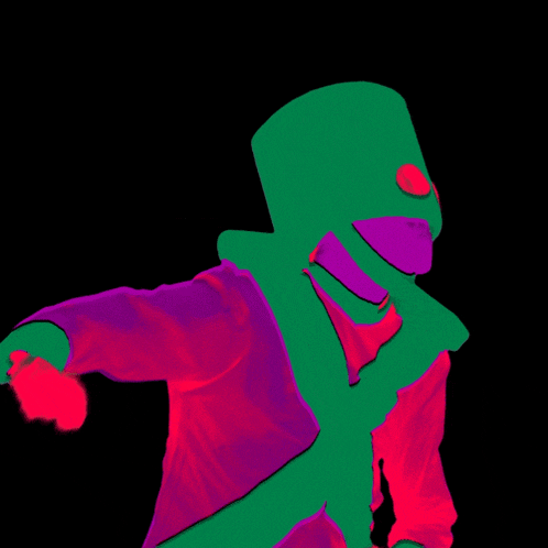 a purple and green silhouette of a person with their arms in the air