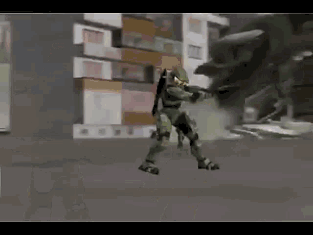 a video game character is standing in front of a building while holding a gun .