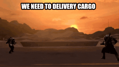 a video game scene with the words " we need to delivery cargo " at the top