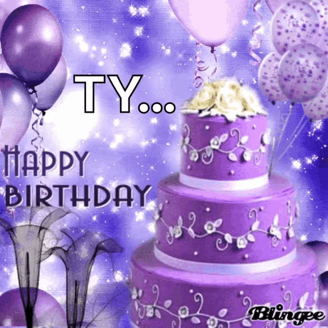 a purple birthday cake with purple balloons and the words ty happy birthday