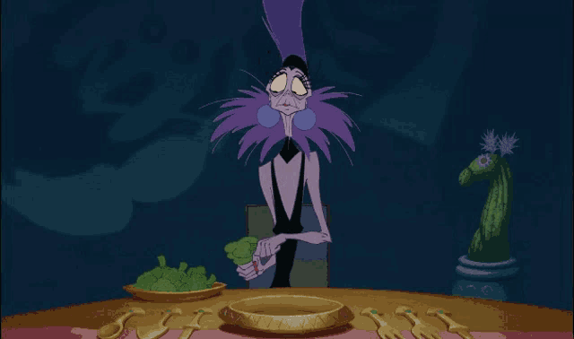 a cartoon character with purple hair is standing in front of a cactus