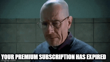 a bald man wearing glasses and a sweater says `` your premium subscription has expired ''