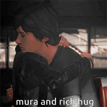 a picture of a man hugging another man with the words mura and rich hug below it
