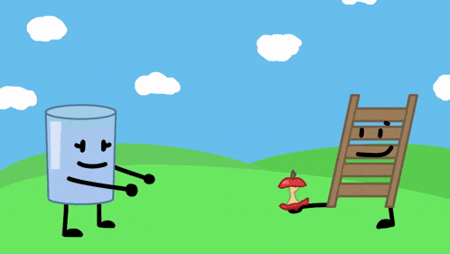a cartoon of a glass and a ladder playing with a red object