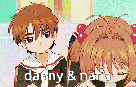 a boy and a girl are sitting next to each other with the words danny and nana written on the bottom