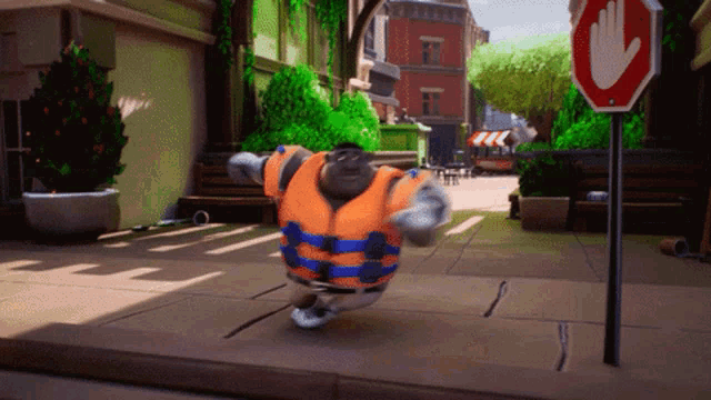 a cartoon character wearing a life jacket is running down a street next to a no entry sign