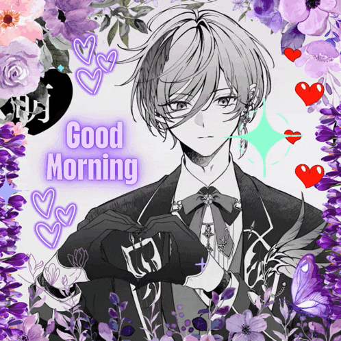 a black and white drawing of a boy with the words good morning written on it