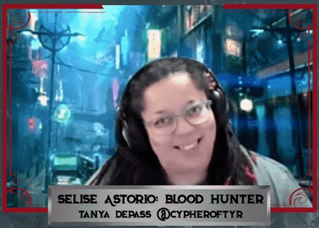 a woman wearing headphones with the name selise astorio blood hunter