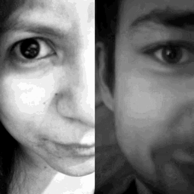 a black and white photo of a man and a woman 's faces
